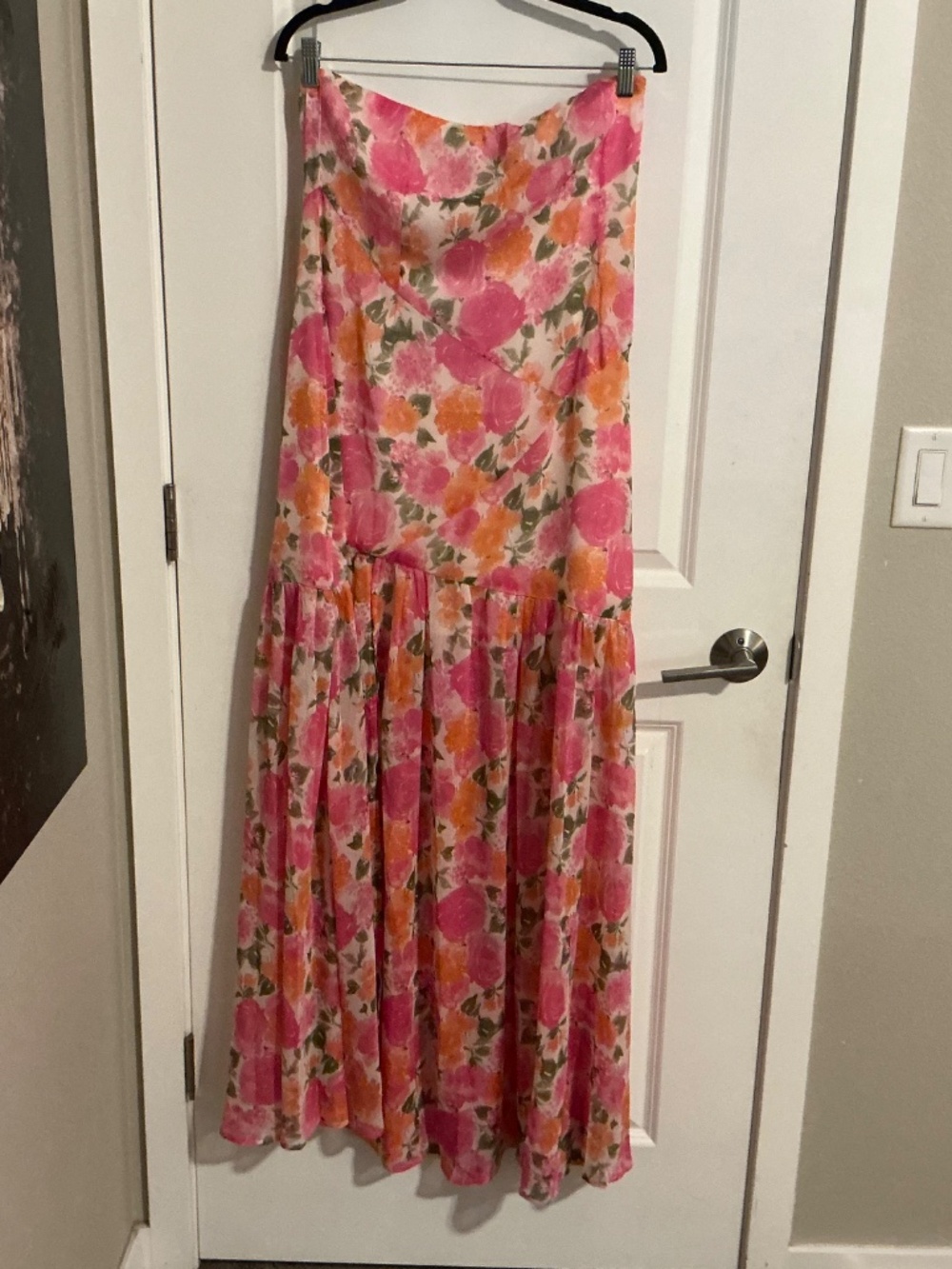 12th Tribe Strapless Floral Maxi Dress in Pink and Orange - Picture 7 of 10